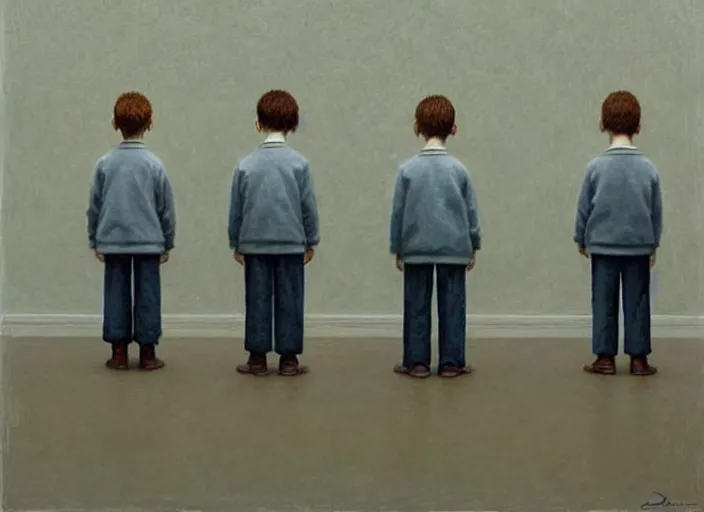 Prompt: a very boring day in school, kids faced away, all wearing identical clothes, painting by quint buchholz and ray caesar, muted colors, gray, dull, boring, low energy, pale blue faces, very detailed, very coherent