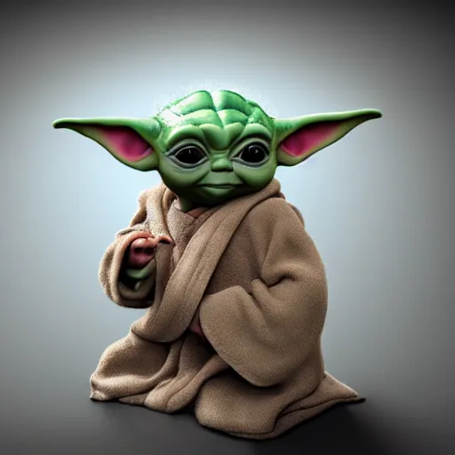 Image similar to cute baby yoda muppet, intricate detail, beautiful aesthetic, photorealistic, award winning professional cinematic composition, dramatic lighting, 8 k