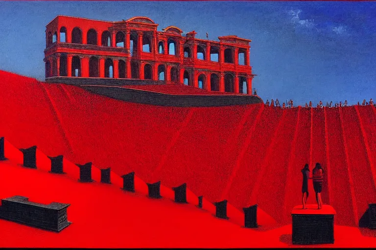 Image similar to only with red, a red great emperor, taormina amphitheatre, expressive crowd with big smile, in the style of beksinski, parts by edward hopper, parts by rodcenko, parts by yue minjun, intricate and epic composition, red by caravaggio, insanely quality, highly detailed, masterpiece, red light, artstation, 4 k