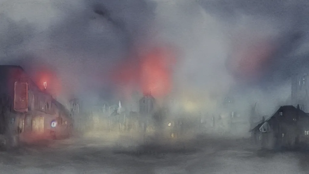 Image similar to a watercolor painting of an abandoned city in hell, scary, foggy, fantasy, smoke, fire, circular, digital art,