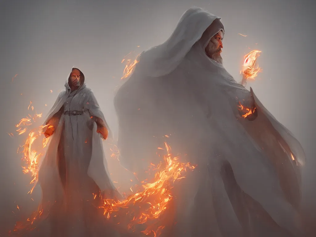 Prompt: a man in white cloak flies from flame , symmetry, intricate, highly detailed, artstation trending, ray tracing, cinematic, art by andrey surnov, concept art,