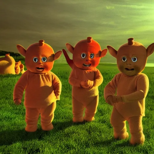 Image similar to photorealistic photo of creepy teletubbies