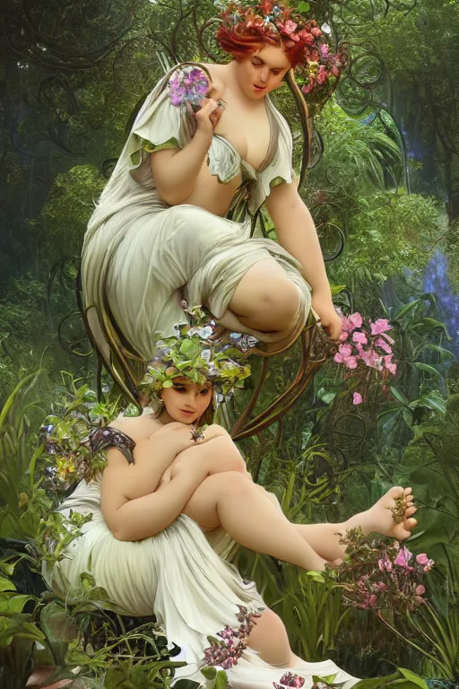Image similar to Curvaceous fairy goddess sitting on a vivid flower in a lush green forest, Mark Arian, Alphonse Mucha, highly detailed, intricate, dynamic lighting, ambient lighting, octane render, 8k