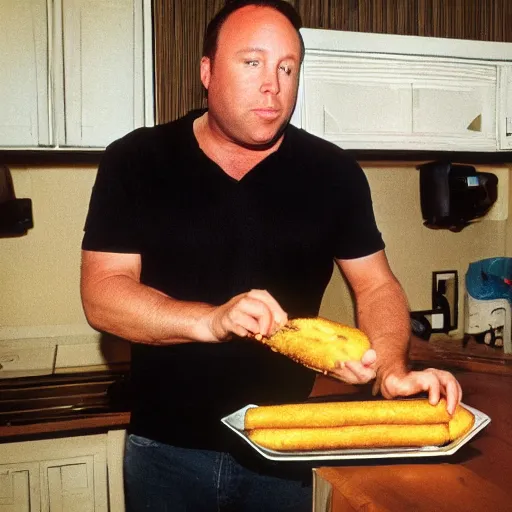 Image similar to alex jones eating a huge twinkie, high definition, color film,