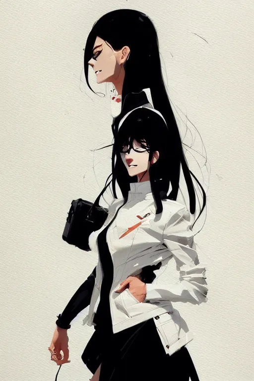 Prompt: a ultradetailed painting of a stylish woman wearing a white jacket with black skirt, by conrad roset, greg rutkowski and makoto shinkai trending on artstation