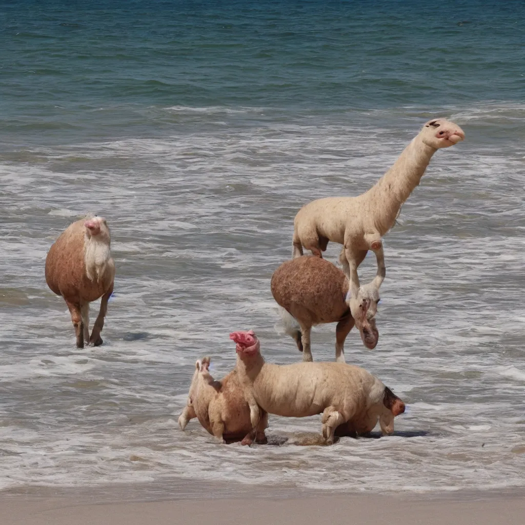 Image similar to a blobfish riding a llama on the beach