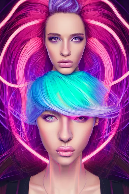 Image similar to a award winning half body portrait of a beautiful woman with stunning eyes in a croptop and cargo pants with ombre purple pink teal hairstyle by thomas danthony, surrounded by whirling illuminated lines, outrun, vaporware, shaded flat illustration, digital art, trending on artstation, highly detailed, fine detail, intricate