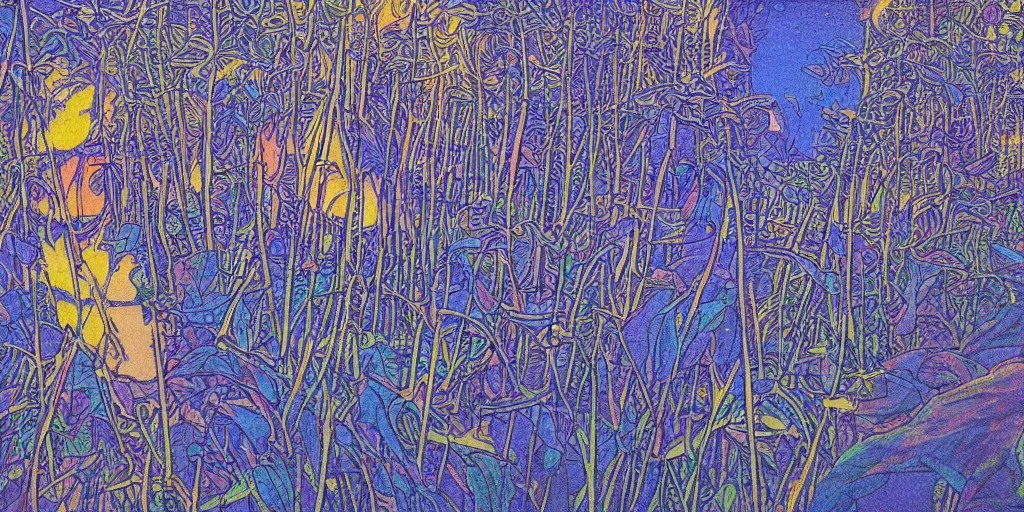 Prompt: risograph grainy painting of tomorrow harvest, i see drones, by moebius and dirk dzimirsky and satisho kon, blue hour, close - up wide portrait