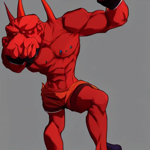 Image similar to demon hero, made by Tomohiro Shimoguchi,colored ,boxing gloves,worn pants ,ArtStation, studio trigger anime,studio trigger style,CGSociety