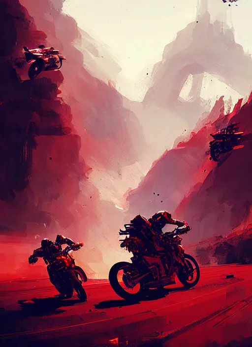 Image similar to sci - fi art, motorbikers race in hell, red peaks in the background, art by ismail inceoglu