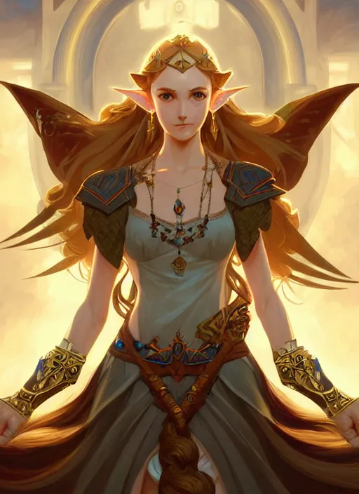 Prompt: zelda with triforce, fantasy, intricate, elegant, highly detailed, digital painting, artstation, concept art, wallpaper, smooth, sharp focus, illustration, art by artgerm and greg rutkowski and alphonse mucha and wlop