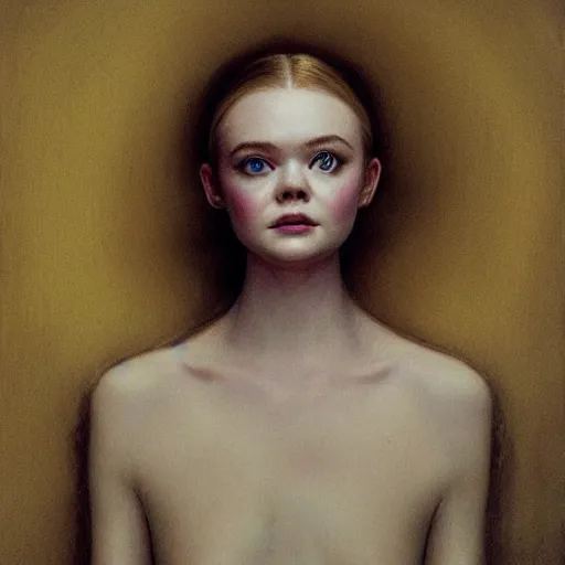 Image similar to Elle Fanning in a nightmare, head and shoulders portrait, extremely detailed masterpiece, Roger Deakin’s cinematography, illustration, by Michael Sowa,