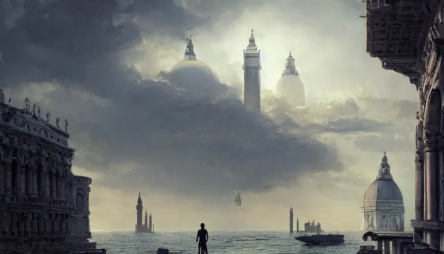 Image similar to silhouette of a man wearing white robe overlooking a giant alien ufo high tech spaceship eerily hovering on italy venice city landscape with beautiful temples by greg rutkowski, artgerm, ross tran, magali villeneuve, intricate, time travel theme, audince in awe, spectacle, audience sorrounding, award winning, octane render, masterpiece, 8 k, beautiful