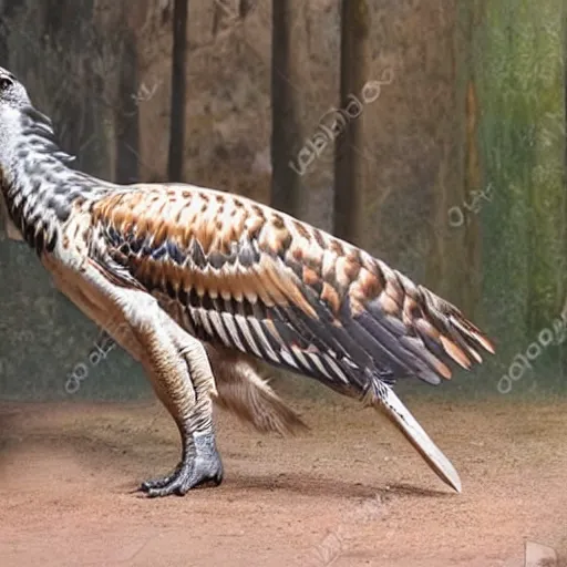 Image similar to hawk morphed with a velociraptor hybrid animal, high quality photo taken in zoo, realistic