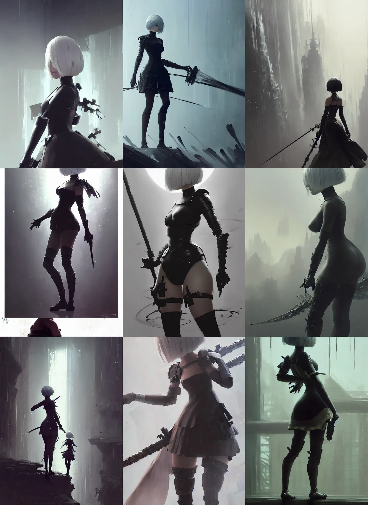 Prompt: a highly detailed epic cinematic concept art CG render digital painting artwork: 2b from nier automata. By Greg Rutkowski, Ilya Kuvshinov, WLOP, Stanley Artgerm Lau, Ruan Jia and Fenghua Zhong, trending on ArtStation, subtle muted cinematic colors, made in Maya, Blender and Photoshop, octane render, excellent composition, cinematic atmosphere, dynamic dramatic cinematic lighting, precise correct anatomy, aesthetic, very inspirational, arthouse