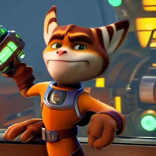 Image similar to portrait of elon musk as ratchet in ratchet and clank, in game graphic, ps 5 gameplay, screenshot, high quality