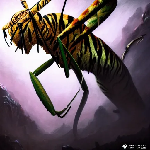 Prompt: mantis with tiger skin, Angry, manic, magic the gathering artwork, horror, D&D, fantasy, cinematic lighting, centered, symmetrical, highly detailed, digital painting, artstation, concept art, smooth, sharp focus, illustration, volumetric lighting, epic Composition, 8k, art by Akihiko Yoshida and Greg Rutkowski and Craig Mullins, oil painting, cgsociety
