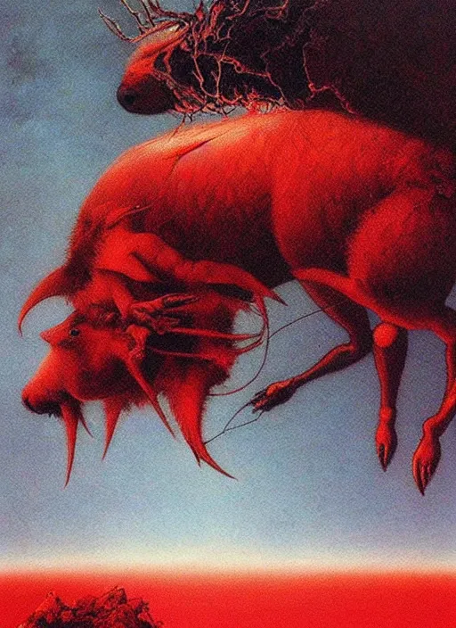 Image similar to a side view of spirit of chthonic demonic capybara with red eyes, on background red lake on fire, highly detailed, art by Ayami Kojima, Beksinski, Giger