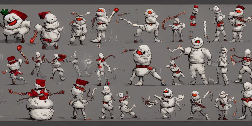 Image similar to evil snowman, colorful, character sheet, concept design, contrast, kim jung gi, greg rutkowski, zabrocki, karlkka, jayison devadas, trending on artstation, 8 k, ultra wide angle, pincushion lens effect