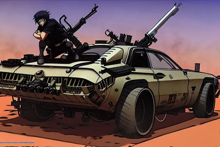 Image similar to masamune shirow dieselpunk mad max mustang mach 1 with guns installed makoto shinkai takashi takeuchi studio ghibli, akihiko yoshida