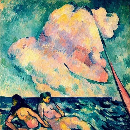 Prompt: “a sailboat on a pink ocean with mermaids and mermen with dolphins, and thunderstorms, paining by Cézanne”
