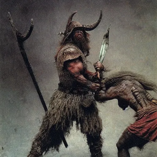 Image similar to viking marauder fighting against an orc, posed, gritty, beksinski