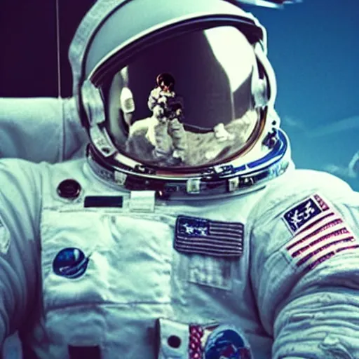 Prompt: a close up photo of an astronaut floating in space. you can see the reflection of the photographer in his helmet.