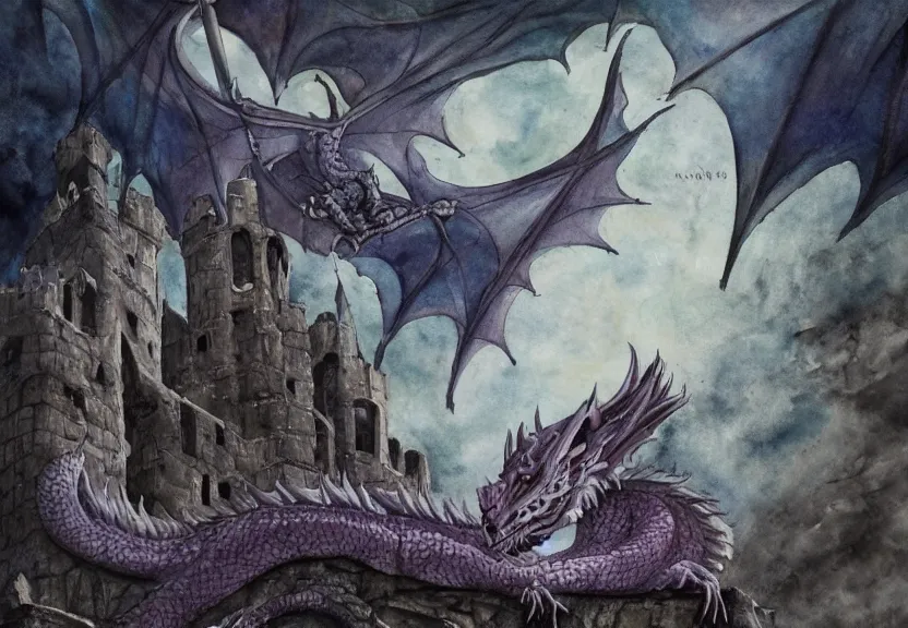 Prompt: possum dragon at a medieval castle under a dark starred sky, dark fantasy, watercolor, dreaming illusion, highly detailed, 4k, trending on Artstation, award-winning