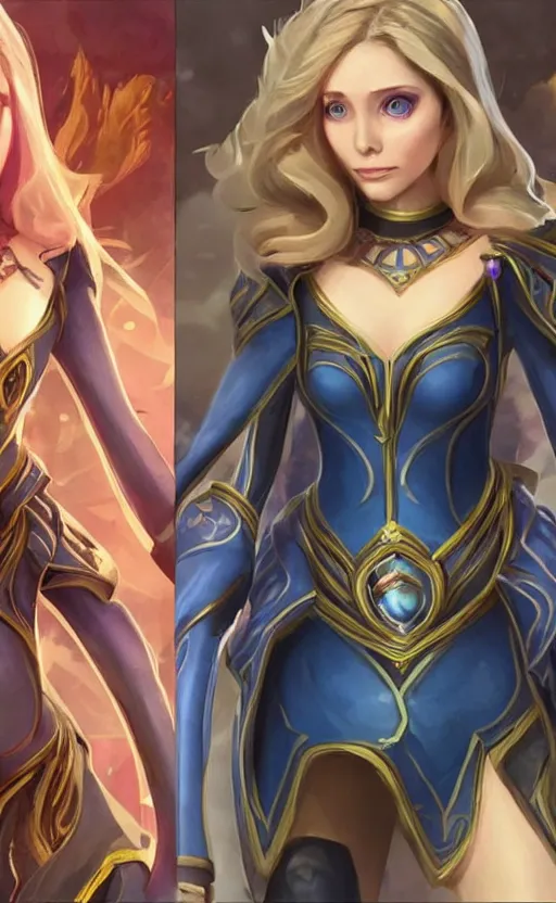 Image similar to Elizabeth Olsen as a character in the game League of Legends, with a background based on the game League of Legends, detailed face, old 3d graphics