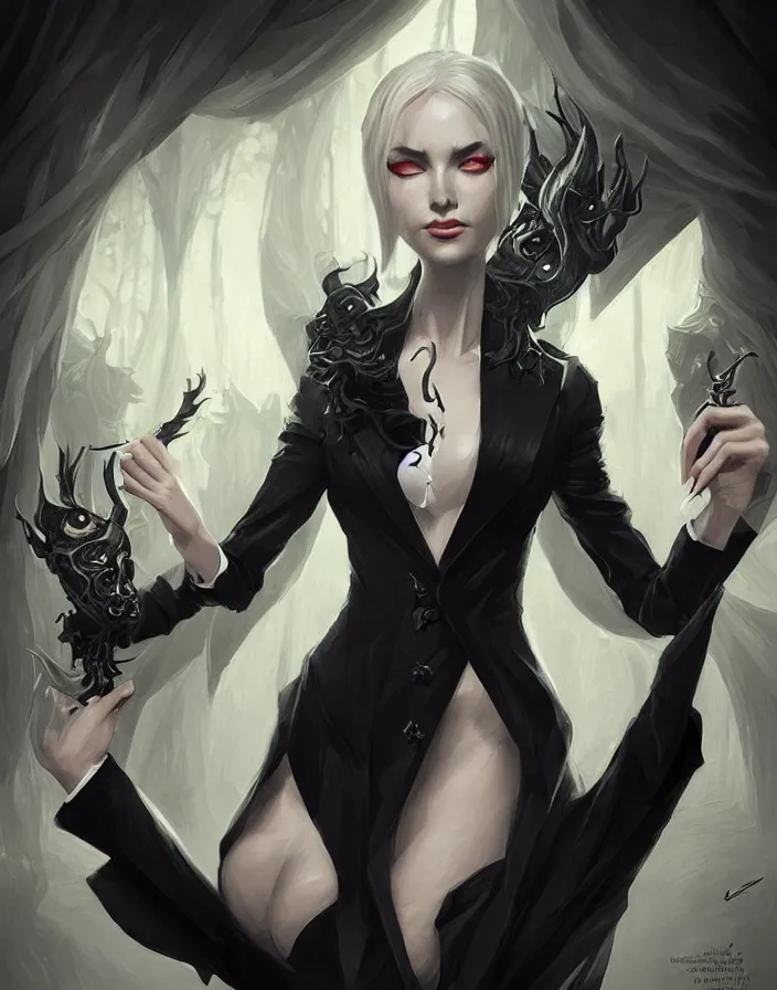 Image similar to an elegant demon waifu dressed in a smart black suit is offering you a contract to sign, digital art by łukasz piskorz and patrick mcenvoy and michael komarck, intricate, highly detailed, artstation, concept art, smooth, sharp focus