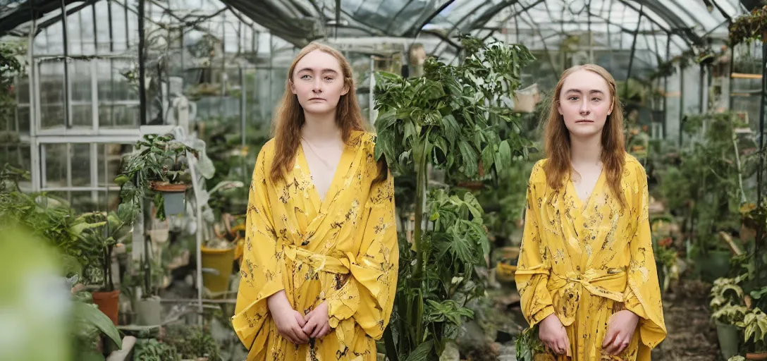 Image similar to A medium format head and shoulders portrait of a young woman that looks like Saoirse Ronan wearing a yellow kimono in a greenhouse, she has a very detailed barn owl on her shoulder, graflex, bokeh