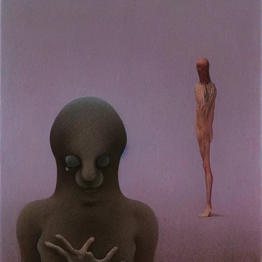 Image similar to an oil painting of an average person in a long dream by Zdzisław Beksiński and junji ito