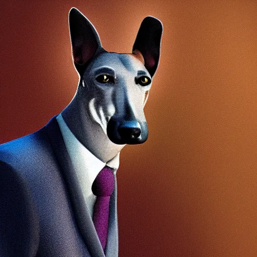 Image similar to painting of a greyhound in a suit, splash art, cinematic lighting, octane render, 35mm film grain