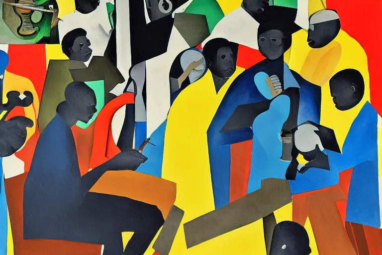 Prompt: a painting of a group of men playing instruments, an ultrafine detailed painting by romare bearden, behance, black arts movement, artwork, fauvism, academic art, large brush strokes, grainy texture