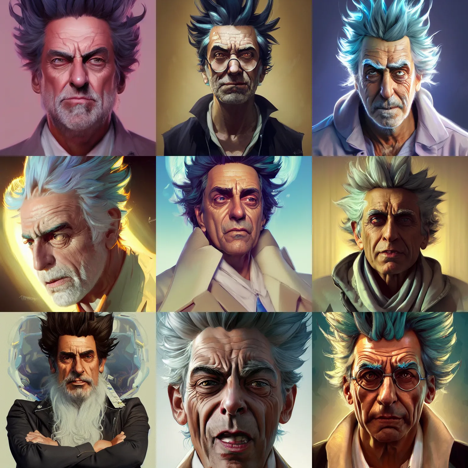 Prompt: Rick Sanchez, portrait, highly detailed, digital painting, artstation, concept art, sharp focus, illustration, art by artgerm and greg rutkowski and alphonse mucha