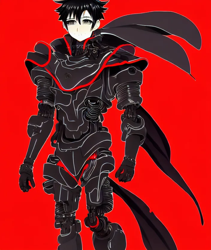 Image similar to a detailed manga illustration character full body portrait of a dark haired cyborg anime man who has a red mechanical eye and is wearing a cape, trending on artstation, digital art, 4 k resolution, detailed, high quality, sharp focus, hq artwork, insane detail, concept art, character concept, character illustration, full body illustration, cinematic, dramatic lighting