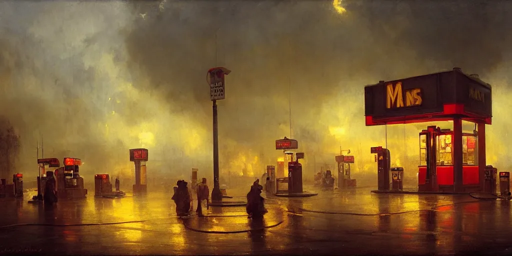 Image similar to a gas station in 1 9 4 0 with yellow and red light in the middle of the night, a men stand up next to the pump, mystical blue fog, oil on canvas, art by andreas achenbach, clemens ascher, tom bagshaw and sabbas apterus,