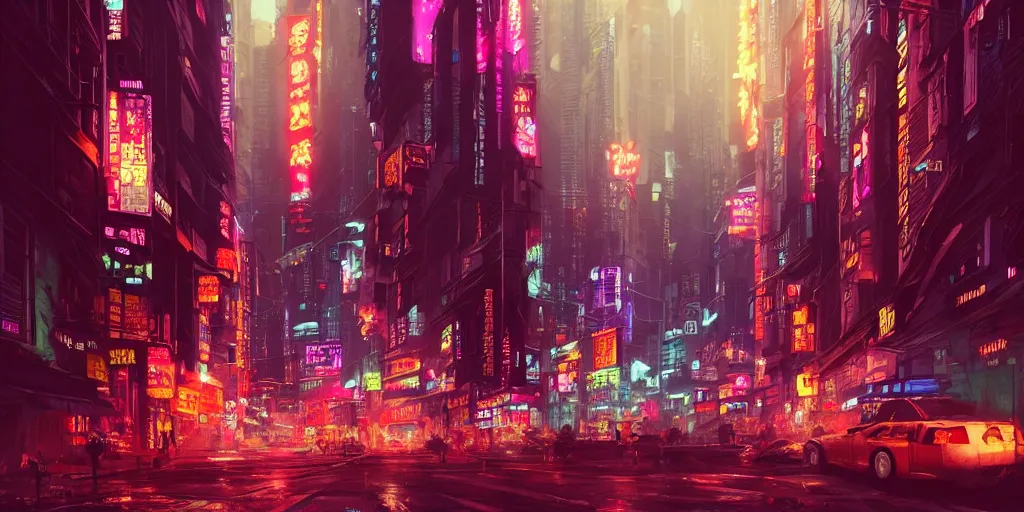 Image similar to bustling neon cyberpunk street, nighttime!!, illustrated by ricardo bofill, greg rutkowski, and amano yoshitaka, trending on artstation, golden ratio!!!, centered!!!, unsplash!!!!, cgsociety contest winner, zbrush!!!, 4 k, 8 k