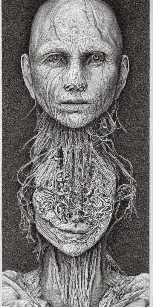 Image similar to detailed portrait from codex seraphinianus, pencil drawing, intricate