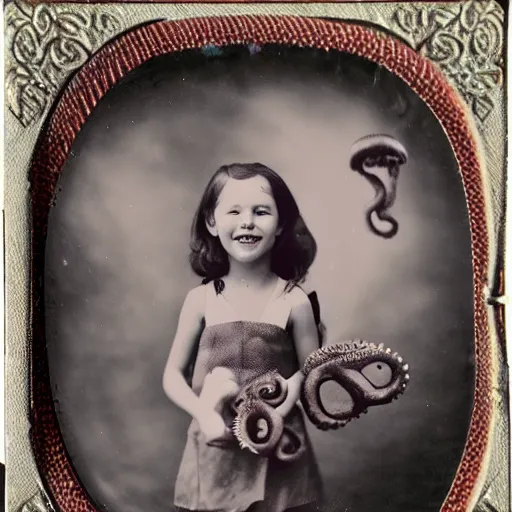 Prompt: tintype photo, underwater with bubbles, girl rides a octopus