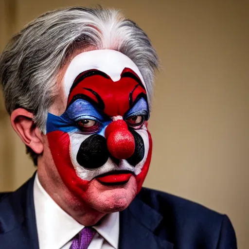 Prompt: Jerome Powell as a clown with clown wig and colorful clown makeup all over his face, award-winning, epic, cinematic