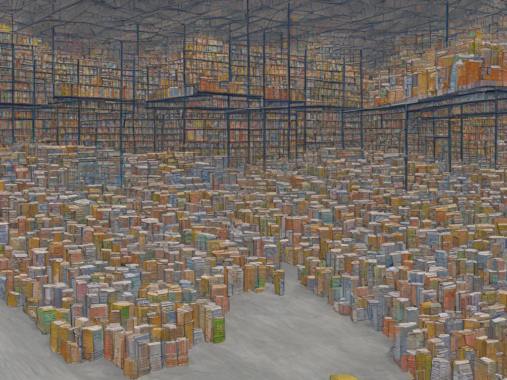 Image similar to a contemoprary painting of a warehouse with huge shelves in which stacks of paper are stored, trending on artstation