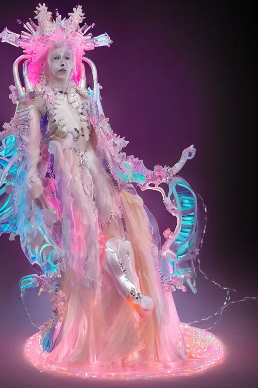 Image similar to full-body rococo and cyberpunk delicate neon crystalline sculpture of ((young muscular onyx albino Colombian prince)) as an iridescent humanoid deity wearing ((peach plastic hooded cloak)) (holding a human skull) in a white castle dungeon, reclining, glowing pink face, crown of (pink lasers), large blue diamonds, swirling black silk fabric. futuristic elements. oozing glowing liquid, full-length view. space robots. intricate artwork by caravaggio. Trending on artstation, octane render, cinematic lighting from the right, hyper realism, octane render, 8k, depth of field, 3D