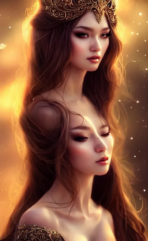 Image similar to a fantasy photo of gorgeous russian female, evening gown, bokeh, medium shot, beautiful face, professionally retouched, soft lighting, realistic, smooth face, perfect eyes, sharp focus, 8 k realistic high definition, insanely detailed, intricate, elegant, art by artgerm and kyoung hwan kim