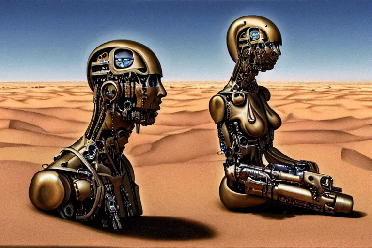 Prompt: hyperrealism, army of crying cyborg melting in desert, in style of classicism