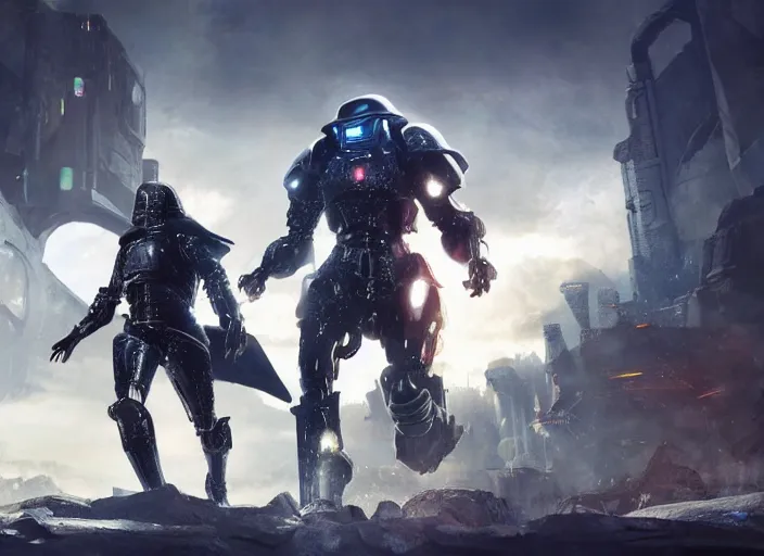 Image similar to medieval cyberpunk knight running from a gigantic ethereal armored being in a scenic cyberpunk environment, armor inspired by star wars and iron man, cybernetic implants, beautiful digital art, epic lighting, epic composition, sharp focus