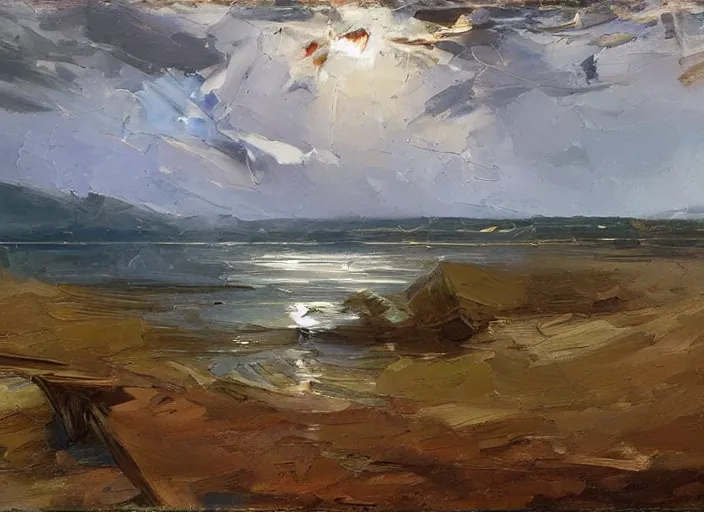 Image similar to palette knife, impasto oil painting of silent calm lake shore by frank auerbach, thick paint brush strokes, art by anders zorn, wonderful masterpiece by greg rutkowski, beautiful cinematic light, american romanticism by greg manchess, creation by tyler edlin