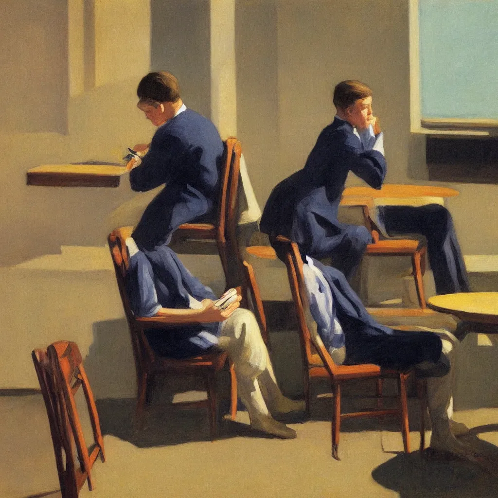 Image similar to i, a portrait of a young man sitting on a chair playing his iphone, by edward hopper
