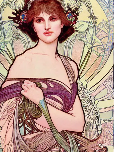 Prompt: a beautiful painting of natalie portman by Alphonse Mucha and by yoshitaka Amano and by Mark Brooks and by john william waterhouse and by arthur rackham, Art Nouveau, Neo-Gothic, gothic, award winning painting, hyperdetailed, detailed