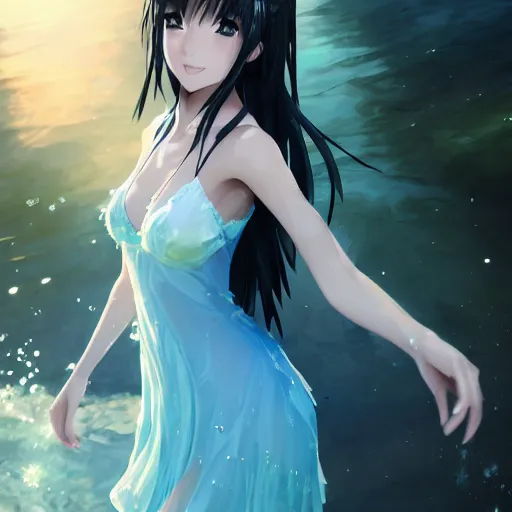 Image similar to a very beautiful anime girl wearing a dress made of water standing in a crystal lake , full body, long black hair, azure blue watery eyes, full round face, seductive stare, cinematic lighting, closeup shot, mid-shot, highly realistically detailed, trending on artstation, Unreal Engine 4k, Stanley Artgerm Lau, WLOP, Rossdraws, James Jean, Andrei Riabovitchev, Marc Simonetti, and Sakimichan